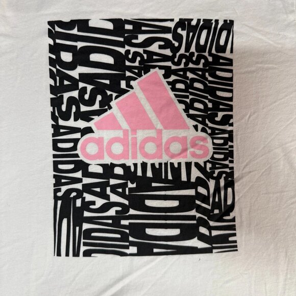 Adidas Tee Shirt Girls Large (14) White Graphic Cotton Athletic Pink logo Sports - Picture 9 of 10